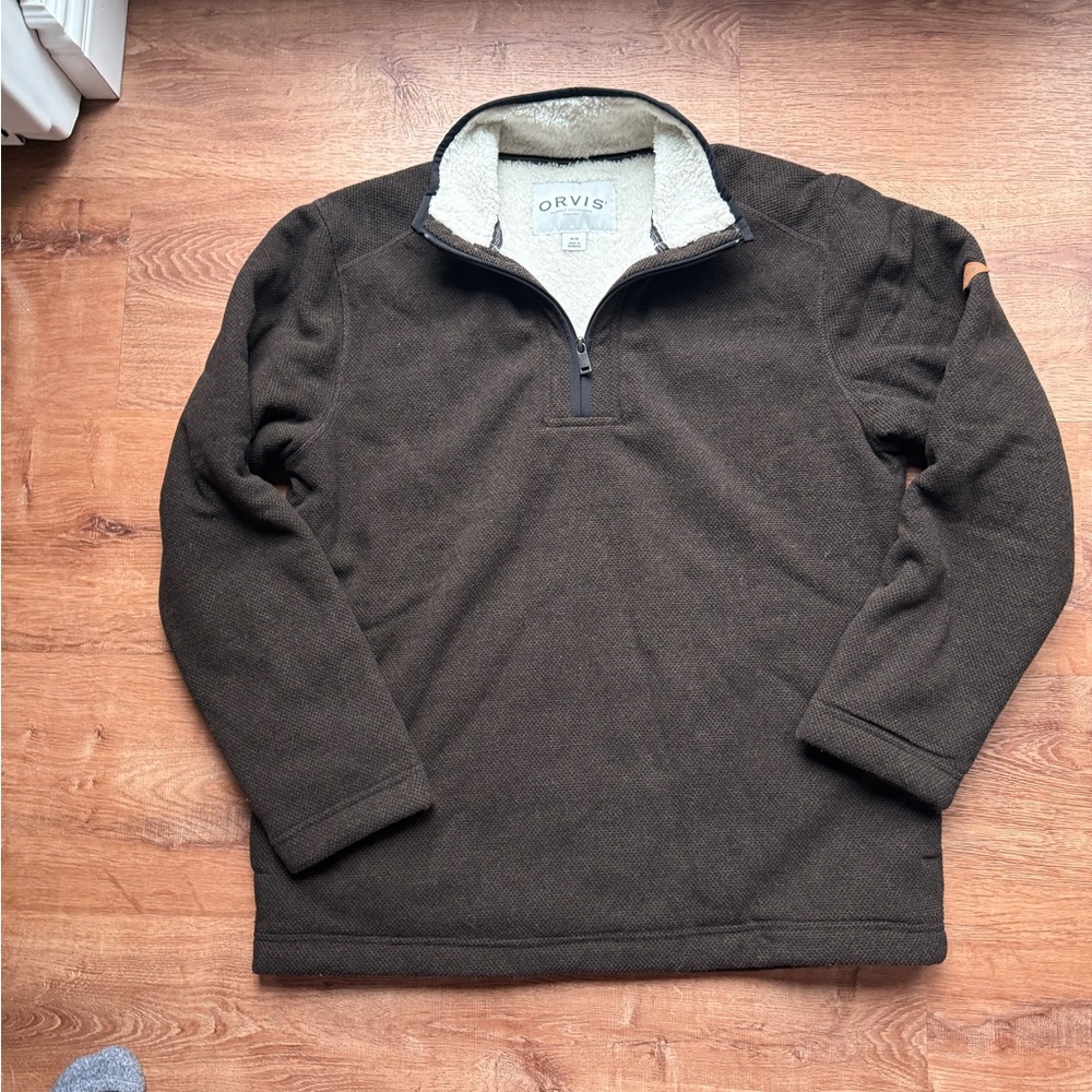 Orvis Men's Dark Brown Quarter-Zip Sweater with Cream Sherpa Collar